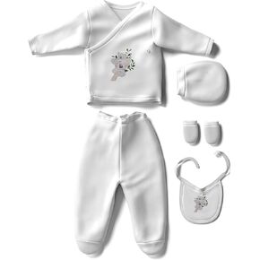 5-Piece Unisex Newborn Layette Gift Set – 100% Cotton Baby Clothes for 0-3 Months with Sweet and Heartwarming Designs