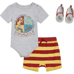 Harry Potter Baby Bodysuit, Shorts and Shoes 3 Piece Outfit Set Newborn to Infant Sizes (0-3 Months - 24 Months)