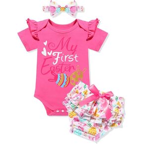 Sinda Easter Outfit Baby Girl Bunny Letters Short Sleeve Romper Ruffle Floral Shorts Set Baby Girl Easter Outfit 0-12M