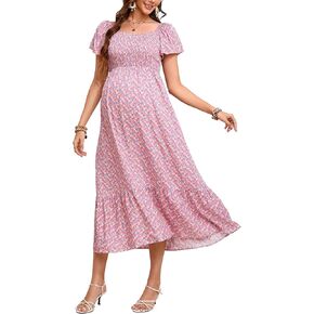 KOJOOIN Maternity Dress Summer Ruffle Short Sleeve Square Neck Smocked Midi Dress Baby Shower Photoshoot
