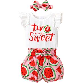 Happy Town Toddler Baby Girl Two Sweet 2nd Birthday Outfits Shorts Set Bowknot 2T Shirts Summer Clothes with Headband
