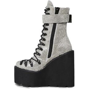 دمى Kill Crystal Traitor Boots by Club Exx-Silver Rhinestone Sudded Wedge Platform Boots مع أحذية الدانتيل والأرباك
