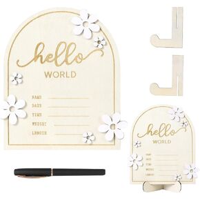 Baby Announcement Sign, Wooden Hello World Newborn Sign, Welcome Baby Name Sign, Birth Announcement Sign for Hospital Nursery Photo Props Baby Shower