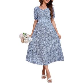 KOJOOIN Womens Maternity Puff Short Sleeve Summer Casual Boho Dress V Neck Flowy A Line Maxi Dress for Photoshoot Baby Shower