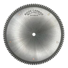 Ridge Carbide 12" 100T, Melacrafter Saw Blade, Alternate Top Bevel Grind (ATB),-5° Hook, 5/8" Bore, Plate Thickness .095", Full Kerf (0.125") for Fine Cutting Laminated Board Materials