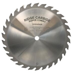 Ridge Carbide 10" 30T Super Combination Table Saw Blade, Raker Grind (4+1),+20° Hook, 5/8" Bore, Plate Thickness 0.072", Thin Kerf (.094") for Cutting Wood and Sheet Goods