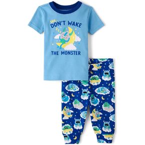 The Children's Place,Baby Boys,and Toddler Snug Fit 100% Cotton Short Sleeve Top and Pants 2 Piece Pajama Set,Don’t Wake The Monster,5 Years