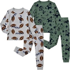 Feidoog Baby Bamboo Pajamas Set Toddler Boys 4-Piece Long Sleeve Snug Fit Sleepwear Pjs 2-7Y