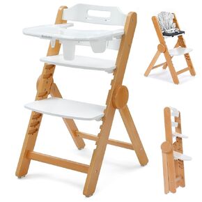 Ezebaby Wooden High Chair Grow with Your Child, Foldable Baby High Chairs with Adjustable Seat and Footrest Heights, High Chair for Babies and Toddlers with Cushion and Large Double Layer Tray(White)