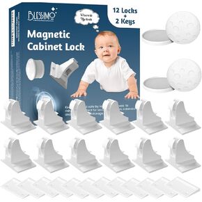 12 Pack Magnetic Cabinet Locks Baby Proofing with 12 locks and 2 Keys - Blessimo Child Locks For Kitchen, Cabinets and Drawers - 3M Adhesive Easy Installation