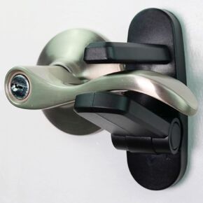 Door Lever Lock (2 Pack) Prevents Toddlers From Opening Doors. 3.25" L * 1.5" W * 4.5" H Easy One Hand Operation for Adults. Durable ABS with 3M Adhesive Backing. Simple Install, Black