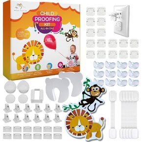 All in One Baby Proofing Kit. 67pcs Includes Magnetic Cabinet Baby Proof Locks, Corner Protectors, Child Proof Strap Locks, Power Point Outlet Covers, Finger Pinch Guards & Bath Toys