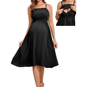 Women's Maternity Nursing Dress Smocked Midi Maxi Dress Adjustable Spaghetti Strap Square Neck Maternity Clothes