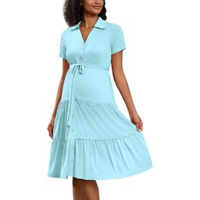 Maternity Dress Summer Collar V Neck Button Down Short Sleeve Tiered Ruffle Flowy Long Maternity Shirt Dress