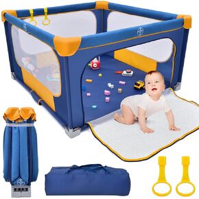 Foldable Baby Playpen, 50×50 Inch Play Pens for Babies and Toddlers, Indoor & Outdoor Kids Safety Fence with Gate, Portable Play Yard with 360° Visible Mesh and Carrying Bag, Grey