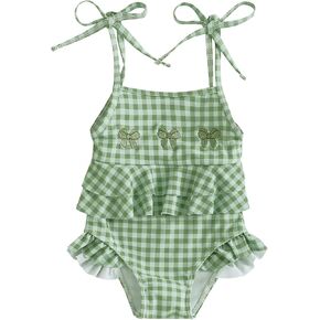 Toddler Baby Girl One Piece Swimsuit Bow Embroidery Checkered Print Ruffle Bikini Sleeveless Bathing Suit Swimwear