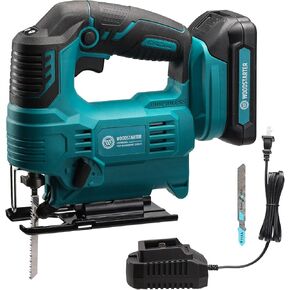Cordless Jigsaw Tool with Battery & Charger, 3-Position Orbital Jig Saw for Makita 18V, 0°-45° Bevel Angle, 65mm Wood Metal PVC Cutting, With Vacuum Integrated, LED Light, T-Shank Blade
