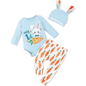 Sinda Baby Boy Easter Outter 3pcs رسالة أرنب طباعة سروال رومبير رنب القبعة قبعة الفصح