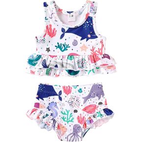 Toddler Girls Swimsuit Outfit Ruffle Floral Sleeveless Bikini Two Piece Bathing Suit for Baby Girl