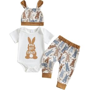 Easter Newborn Baby Boy Girl 3Pcs Outfit Infant Short Sleeve Romper Cute Pattern Pants Hat Summer Clothes