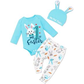 Sinda Baby Boy Easter Outfit 3pcs Bunny Letter Print Romper Pants Rabbit Hat Easter Outfit Baby Boy 0-12M in Kuwait
