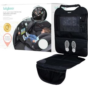 Lulyboo Car Seat Protection for Baby Carseat - Car Seat Organizer Back Seat - Behind Backseat Car Organizer for Kids Stuff, Toys, Tablet, Storage - Front & Rear Facing Kick Mat Seat Protector Black