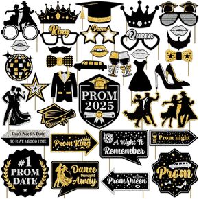 36pcs Prom Photo Booth Props, Prom Decorations for Party 2025, Prom Send Off Decorations 2025, Prom 2025 Decorations Selfie Prom Photo Props, Black and Silver Prom Decorations for Home