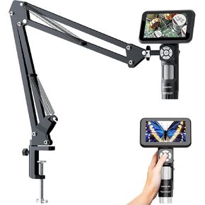LM115A LCD Digital Microscope with Flex Boom Arm Stand, 5 inch Portable Soldering Microscope Camera for Adults, Handheld Coin Magnifier with 8 LED, PC View, 1080P Video