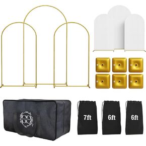 Backdrop Arch Stand Set of 3 with White Covers – Includes 7ft & 6ft Arches, Carrying Case, Water Weights, and Spandex Covers