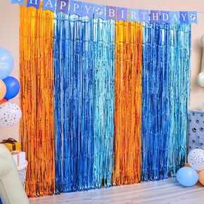 LOLStar Blue Dog Party Decorations - 2 Packs of 3.3x6.6 ft Orange and Light Blue Foil Fringe Curtains for Birthday Party Supplies, Blue Foil Tinsel Photo Booth Prop Backdrop