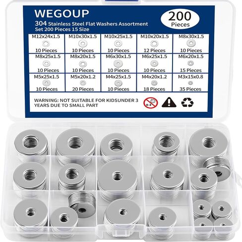 18-8(304) Stainless Steel Fender Washers, Flat Washers for Screws and Bolts, 100 Pieces Metal Washers Kit (12 Sizes M3-M12), Assorted Large and Small Hardware Washers Set for Home and Industrial Use in Kuwait
