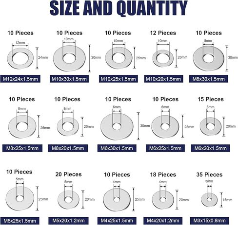 18-8(304) Stainless Steel Fender Washers, Flat Washers for Screws and Bolts, 100 Pieces Metal Washers Kit (12 Sizes M3-M12), Assorted Large and Small Hardware Washers Set for Home and Industrial Use in Kuwait