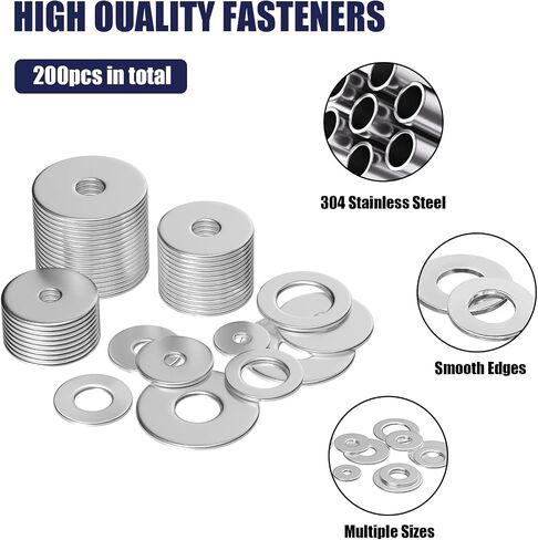 18-8(304) Stainless Steel Fender Washers, Flat Washers for Screws and Bolts, 100 Pieces Metal Washers Kit (12 Sizes M3-M12), Assorted Large and Small Hardware Washers Set for Home and Industrial Use in Kuwait
