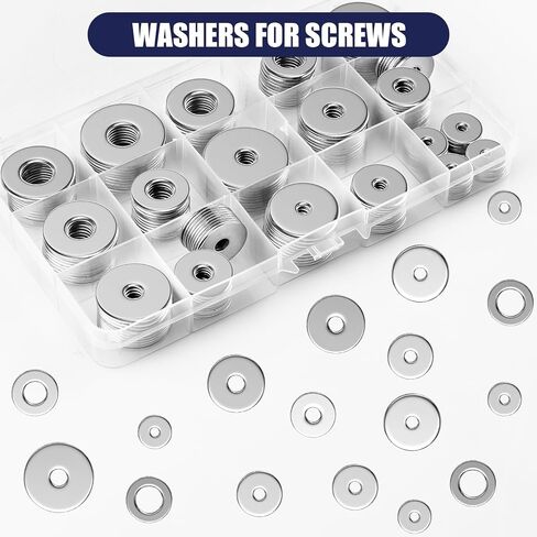 18-8(304) Stainless Steel Fender Washers, Flat Washers for Screws and Bolts, 100 Pieces Metal Washers Kit (12 Sizes M3-M12), Assorted Large and Small Hardware Washers Set for Home and Industrial Use in Kuwait