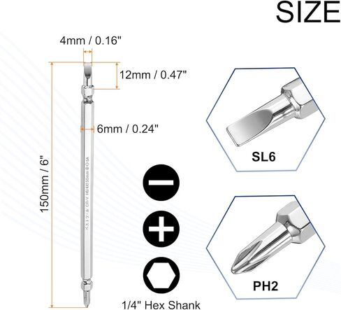 HARFINGTON Magnetic Double Ended Screwdriver Bit 4mm PH2/SL6 6"/150mm 1/4" Hex Shank CR-V Steel Phillips Cross Slotted Flat Screw Driver Bit for Power Screwdriver Impact Drill Tool in Kuwait