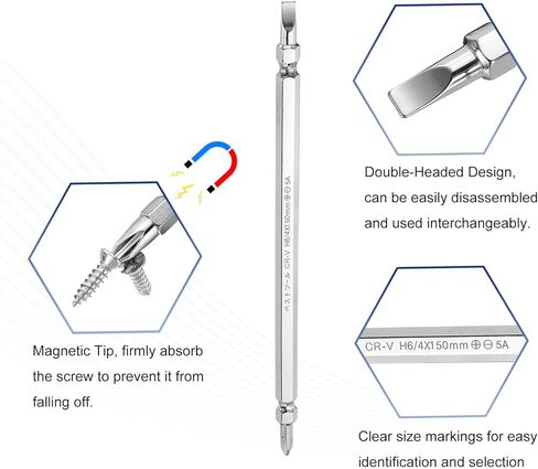 HARFINGTON Magnetic Double Ended Screwdriver Bit 4mm PH2/SL6 6"/150mm 1/4" Hex Shank CR-V Steel Phillips Cross Slotted Flat Screw Driver Bit for Power Screwdriver Impact Drill Tool in Kuwait