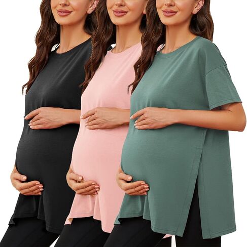 Liu & Qu Women's Maternity Shirts Short Sleeve Pregnancy Tops Loose Split Side Tunic Blouse Mama Clothes 3 Packs in Saudi Arabia
