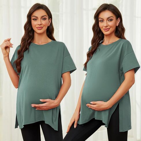 Liu & Qu Women's Maternity Shirts Short Sleeve Pregnancy Tops Loose Split Side Tunic Blouse Mama Clothes 3 Packs in Saudi Arabia