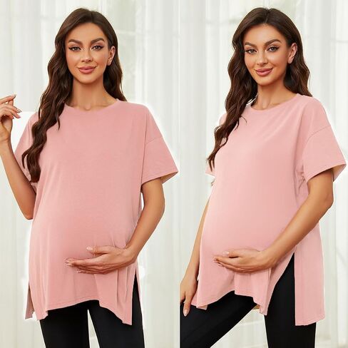 Liu & Qu Women's Maternity Shirts Short Sleeve Pregnancy Tops Loose Split Side Tunic Blouse Mama Clothes 3 Packs in Saudi Arabia