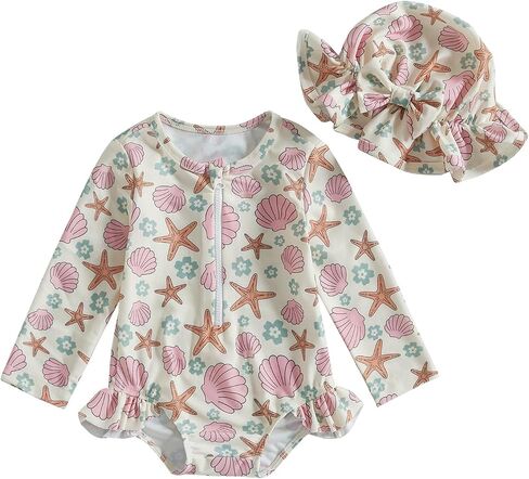 Infant Baby Girl Swimsuit Long Sleeve Zipper One Piece Bathing Suit with Sun Hat Swimwear Toddler Girl Rash Guard in Kuwait