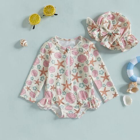 Infant Baby Girl Swimsuit Long Sleeve Zipper One Piece Bathing Suit with Sun Hat Swimwear Toddler Girl Rash Guard in Kuwait