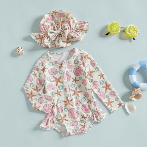 Infant Baby Girl Swimsuit Long Sleeve Zipper One Piece Bathing Suit with Sun Hat Swimwear Toddler Girl Rash Guard in Kuwait