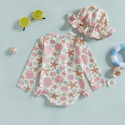 Infant Baby Girl Swimsuit Long Sleeve Zipper One Piece Bathing Suit with Sun Hat Swimwear Toddler Girl Rash Guard in Kuwait