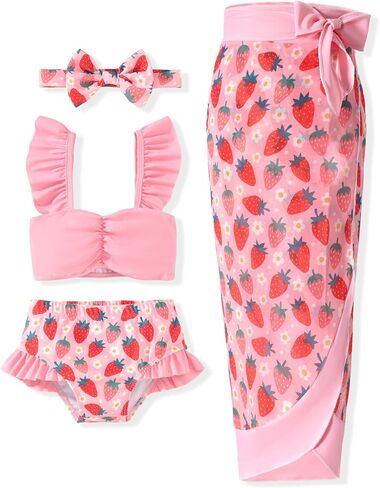 Infant Toddler Baby Girl Two Piece Swimsuit with Cover Up Skirt Ruffle Bathing Suit Bikini Headband Set in Kuwait