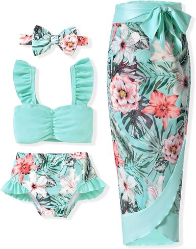 Infant Toddler Baby Girl Two Piece Swimsuit with Cover Up Skirt Ruffle Bathing Suit Bikini Headband Set in Kuwait
