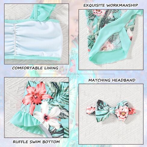 Infant Toddler Baby Girl Two Piece Swimsuit with Cover Up Skirt Ruffle Bathing Suit Bikini Headband Set in Kuwait