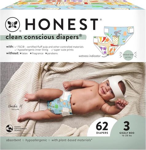 The Honest Company Clean Conscious Diapers for Sensitive Skin | Hypoallergenic, Fragrance Free | Spring '25 Limited Edition Prints | Club Box, Size 3 (16-28 lbs), 62 Count in Saudi Arabia