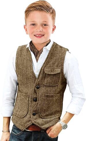 Retro Boys Tweed Vest for Kids Formal Dress Herringbone Suit Vest for Toddler Boy Wedding Waistcoat in Saudi Arabia