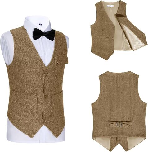 Retro Boys Tweed Vest for Kids Formal Dress Herringbone Suit Vest for Toddler Boy Wedding Waistcoat in Saudi Arabia
