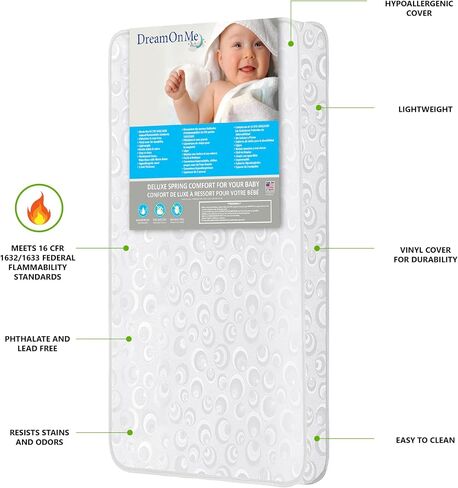 Dream On Me 3" Innerspring Mini Crib Mattress in White, Waterproof Cover with Lock Stitch Venting in Saudi Arabia